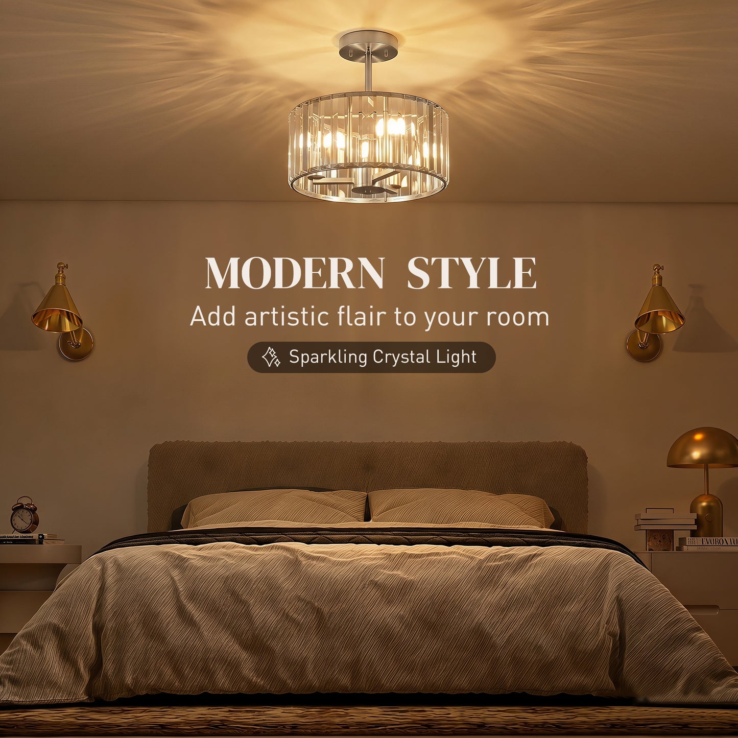 Semi Flush Mount Modern Crystal Chandelier Ceiling Light, Crystal Ceiling Light Fixture with E14 Base, Silver Tone