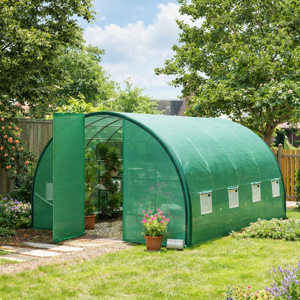 4 x 3 m Polytunnel Greenhouse, with Windows and Doors - Green