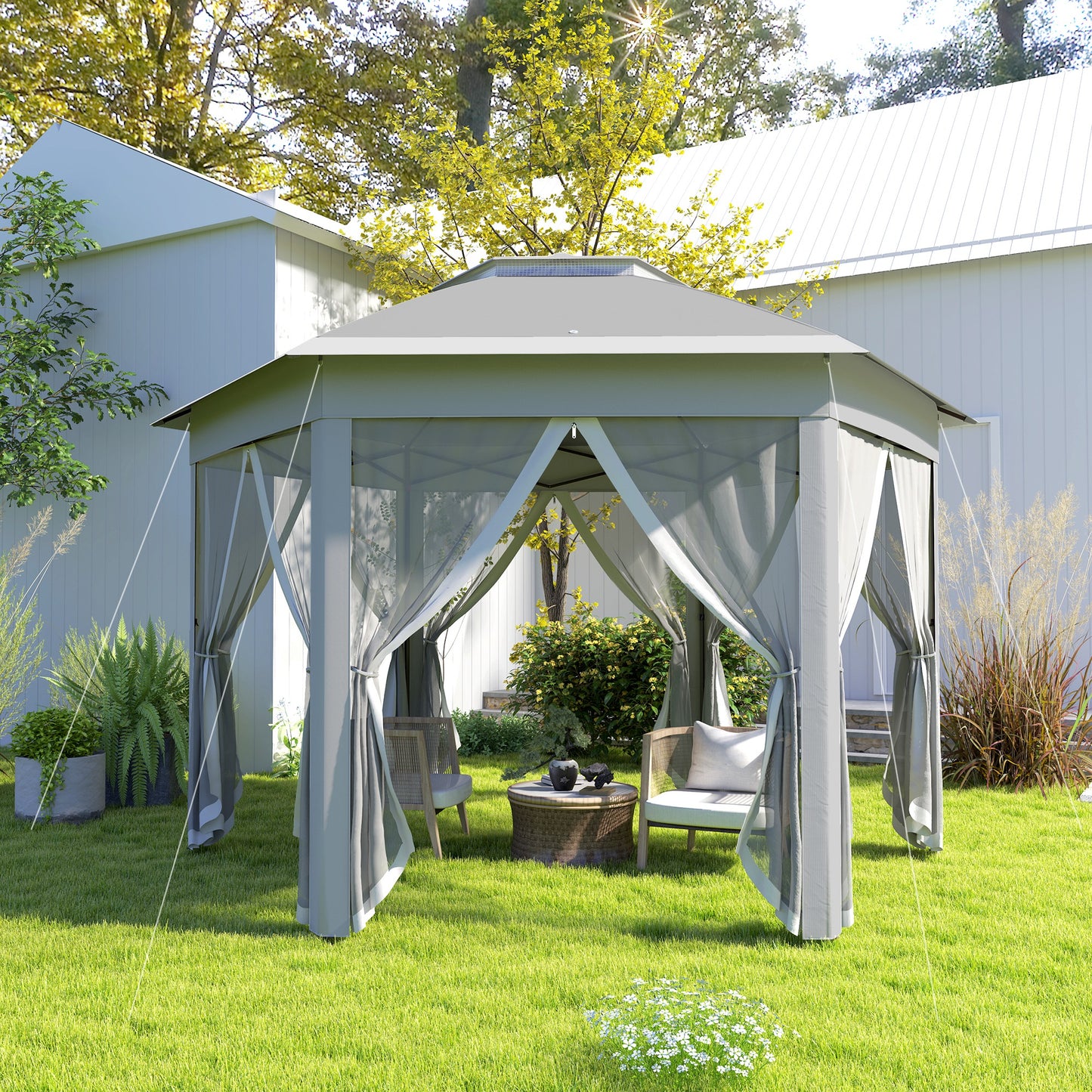 3 x 4m Garden Gazebo Hexagon Pop Up Gazebo Party Tent Canopy Double Roof Instant Shelter