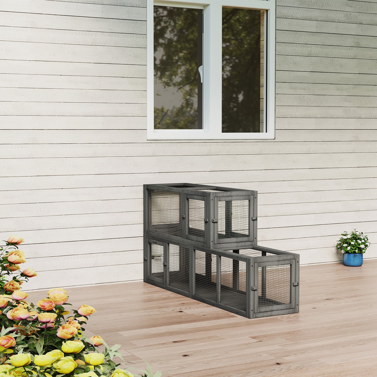 Cat Tunnel, 250cm Extra Long Wooden Cat Play Tunnel with 8 Doors, L-shape/Rectangle, Outdoor Cat Enclosure, Dark Grey