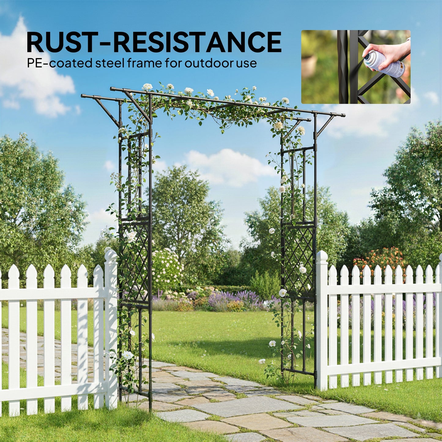 Garden Arch, PE-Coated Steel Arbour Trellis for Climbing Plants, Rose Arch, 180 x 40 x 215 cm, Black