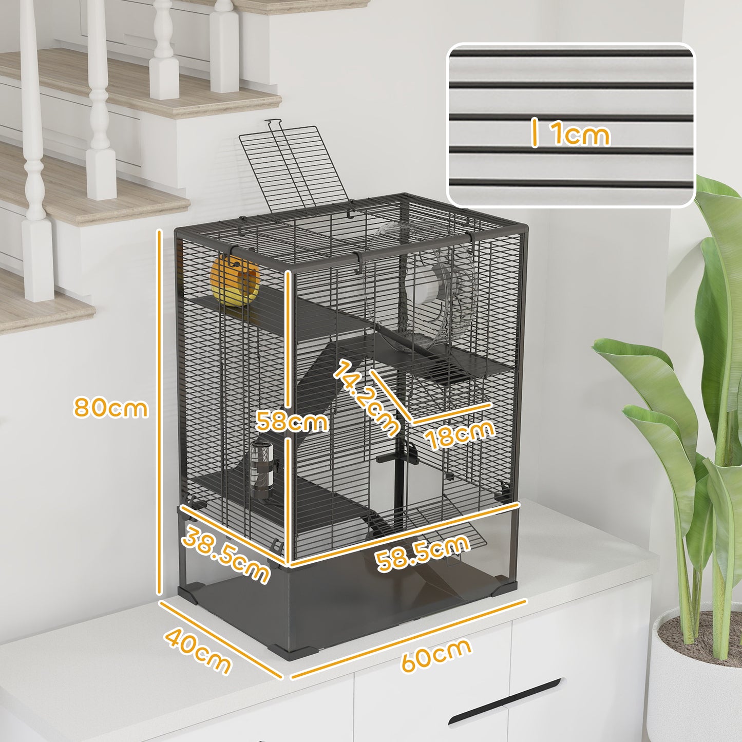 Four-Tier Hamster Cage with Deep Tempered Glass Bottom, Hut, Running Wheel, Food Dish, Water Bottle, 60 x 40 x 80cm