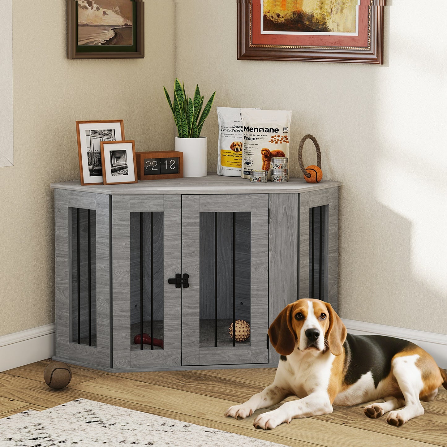 2 in 1 Dog Crate Furniture Side Table with Cushion for Medium Dogs, 104 x 55 x 63cm - Grey