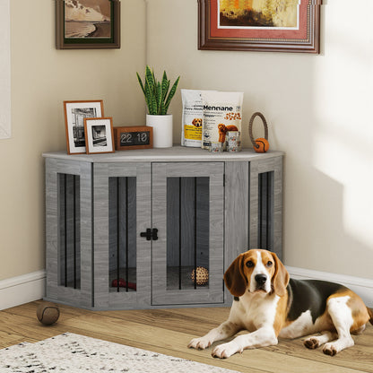 2 in 1 Dog Crate Furniture Side Table with Cushion for Medium Dogs, 104 x 55 x 63cm - Grey
