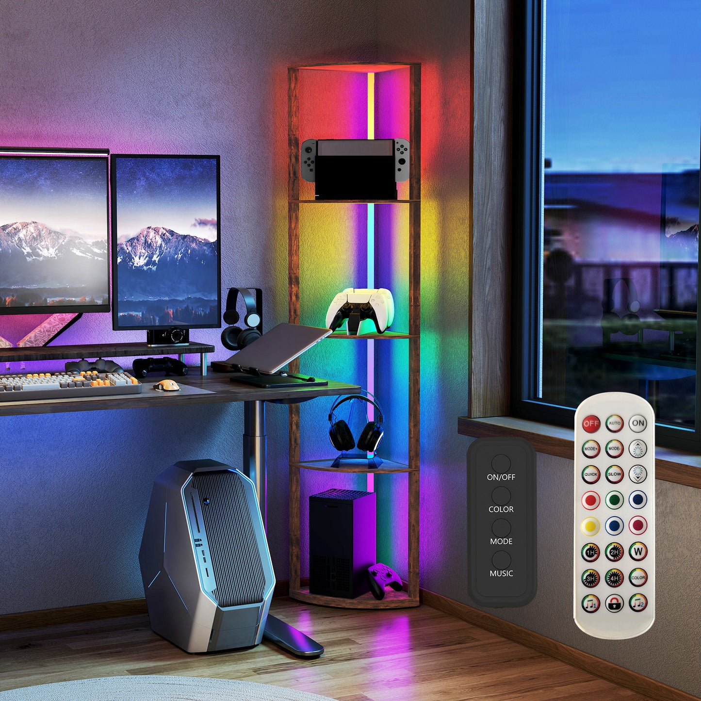RGB Standing Lamp with Shelves, 4-Tier LED Floor Lamp with Multiple Lighting Modes, Rustic Brown