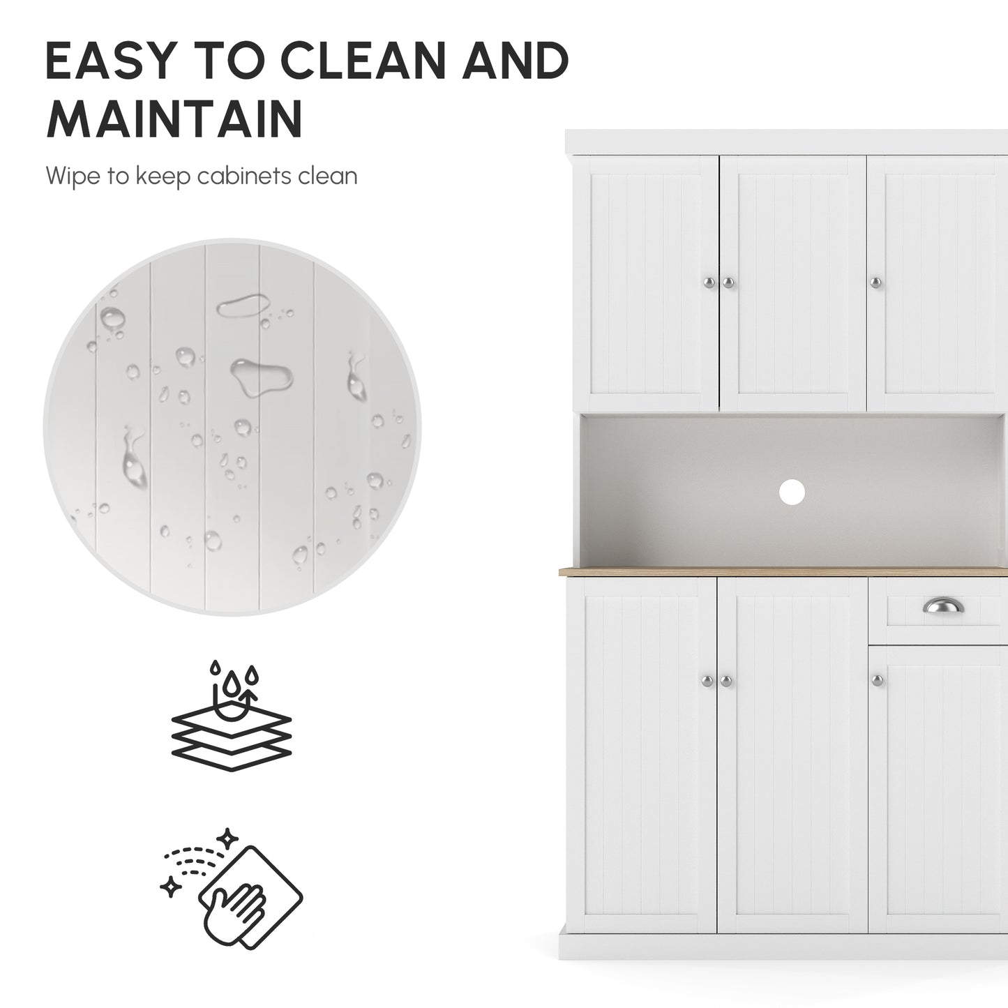 180cm Freestanding Kitchen Cabinet, Modern Storage Cupboard with Open Countertop, Drawer and 6 Doors, White
