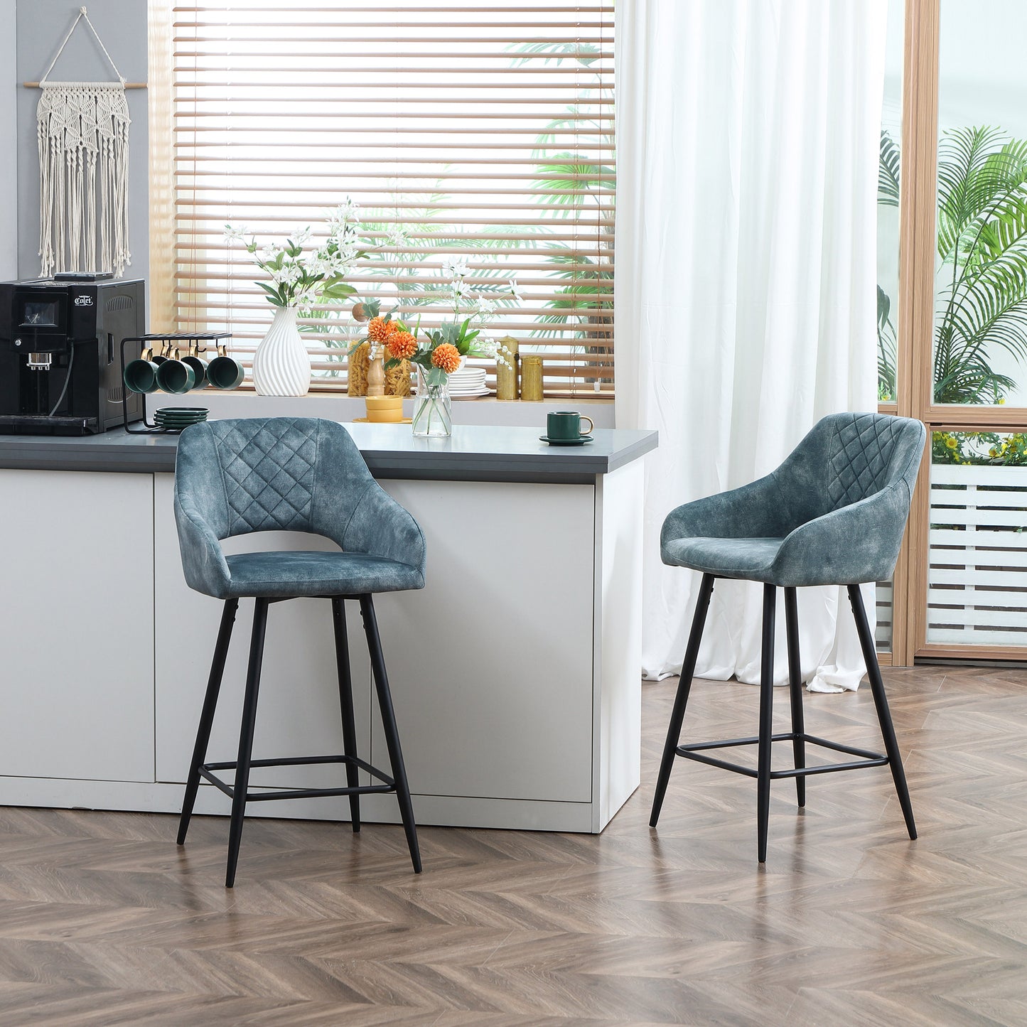 Bar Stools Set of 2, Velvet-Touch Fabric Counter Height Bar Chairs, Kitchen Stools with Steel Legs for Dining Area