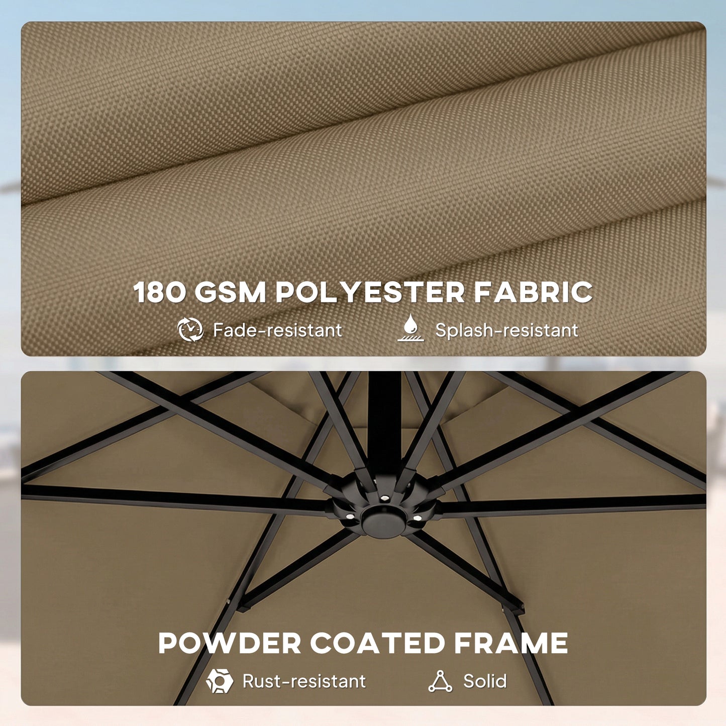 3 m Garden Cantilever Parasol with Cover, Round Overhanging Umbrella with 360° Rotation, Tilt, Khaki