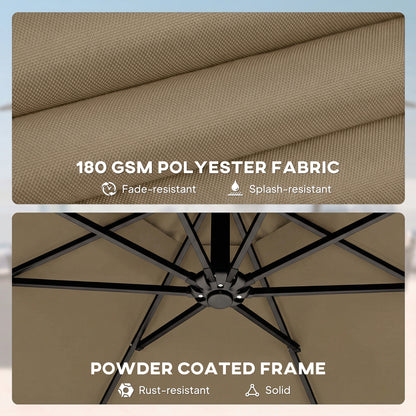 3 m Garden Cantilever Parasol with Cover, Round Overhanging Umbrella with 360° Rotation, Tilt, Khaki