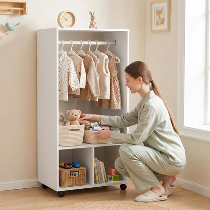 Open Wardrobe on Wheels, Bedroom Wardrobe with Clothes Hanging Rail, 2 Storage Shelves, Mobile Garment Rack for Cloakroom