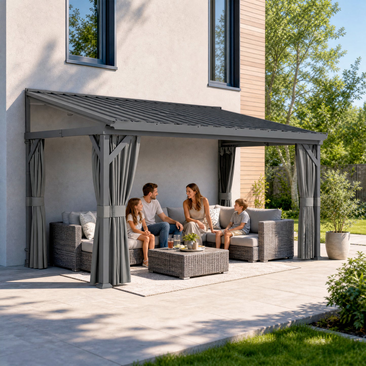 4.3 x 3 m Garden Pergola with Galvanised Steel Roof, Lean to Pergola Gazebo with Netting Curtains, Dark Grey