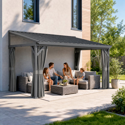 4.3 x 3 m Garden Pergola with Galvanised Steel Roof, Lean to Pergola Gazebo with Netting Curtains, Dark Grey