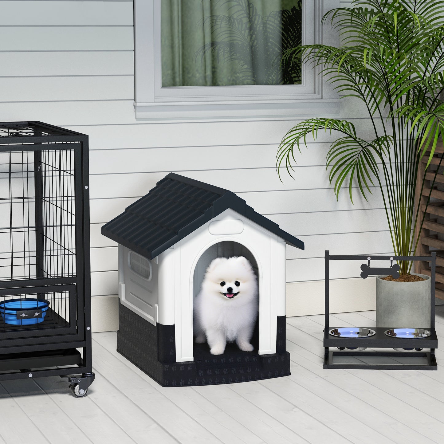 Plastic Dog Kennel with Windows, for Garden Patio, Miniature Dogs, 64.5 x 57 x 66cm - Grey