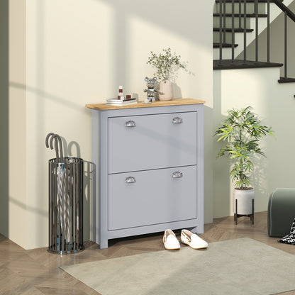 2 Drawer Shoe Cabinet Modern Narrow Shoe Cupboard Hallway Wooden Storage Organiser with Flip Doors Adjustable Shelf for 6-12