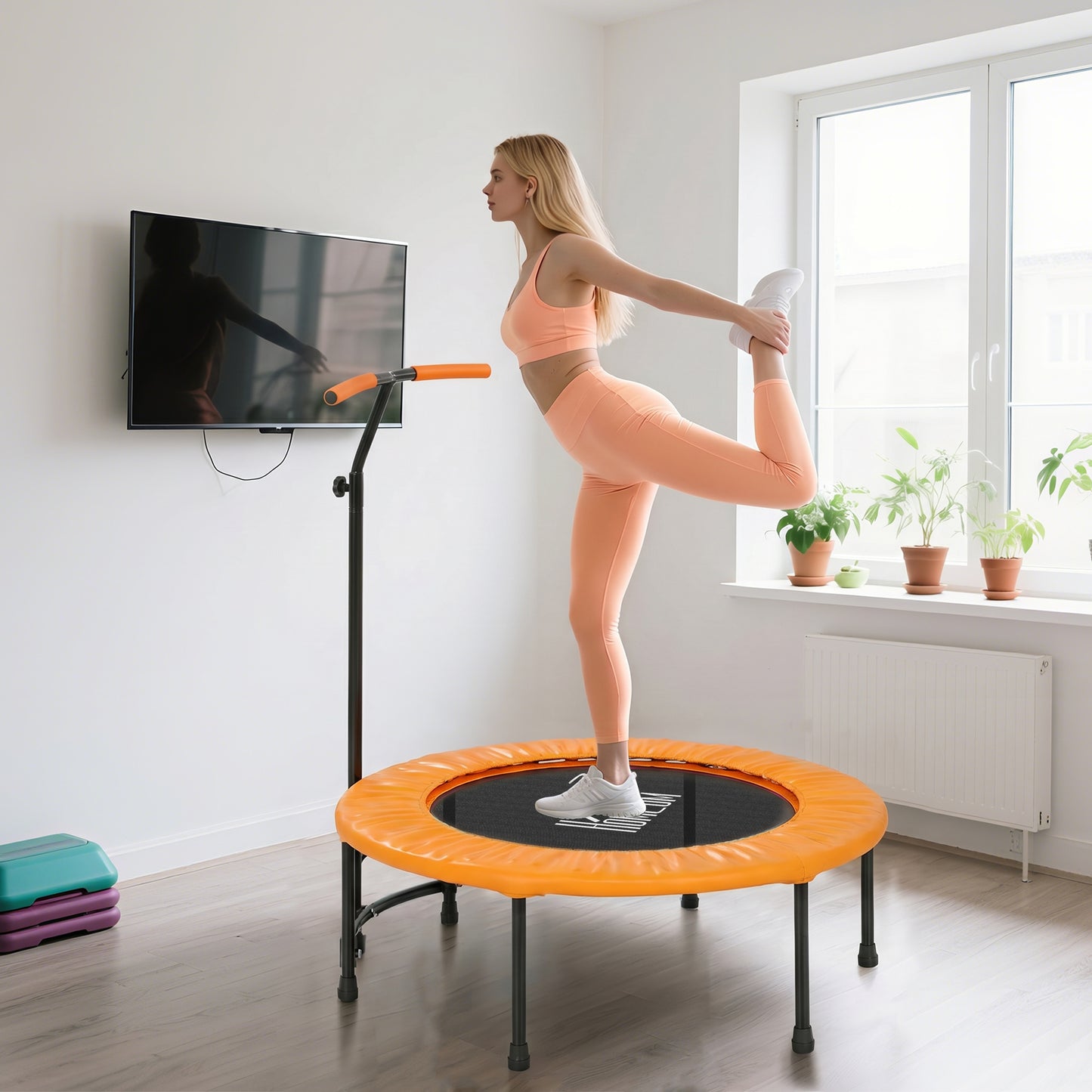 40" Fitness Trampoline with Adjustable Handle, Rebounder Trampoline, Mini Jumper for Indoor Exercise Workout, Orange