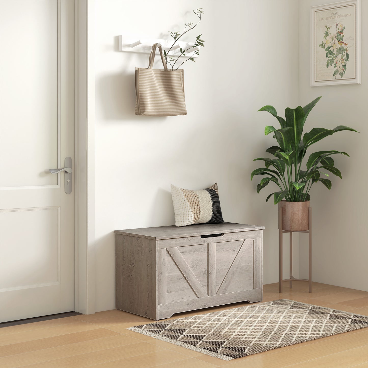 100L Home Storage Box, with Safety Hinge - Grey Wood-Effect