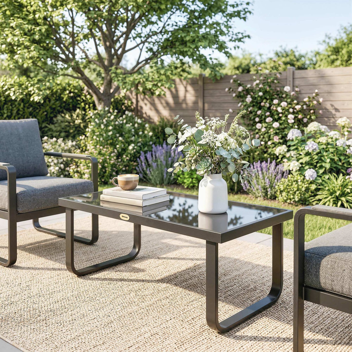 Outdoor Garden Coffee Table, Rectangle Metal Side Table with Tempered Glass Tabletop, Adjustable Foot Pads