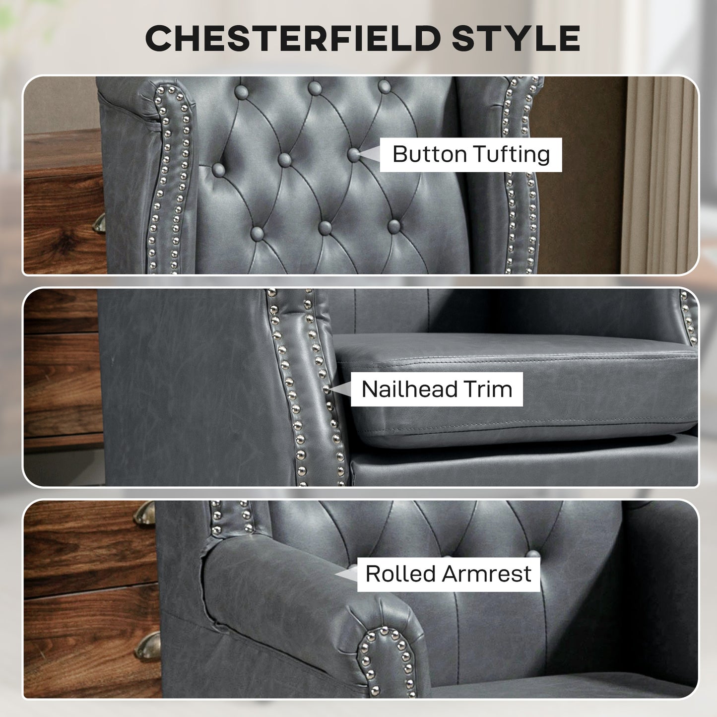 Wingback Accent Chair Tufted Chesterfield-style Armchair with Nail Head Trim for Living Room Bedroom Grey