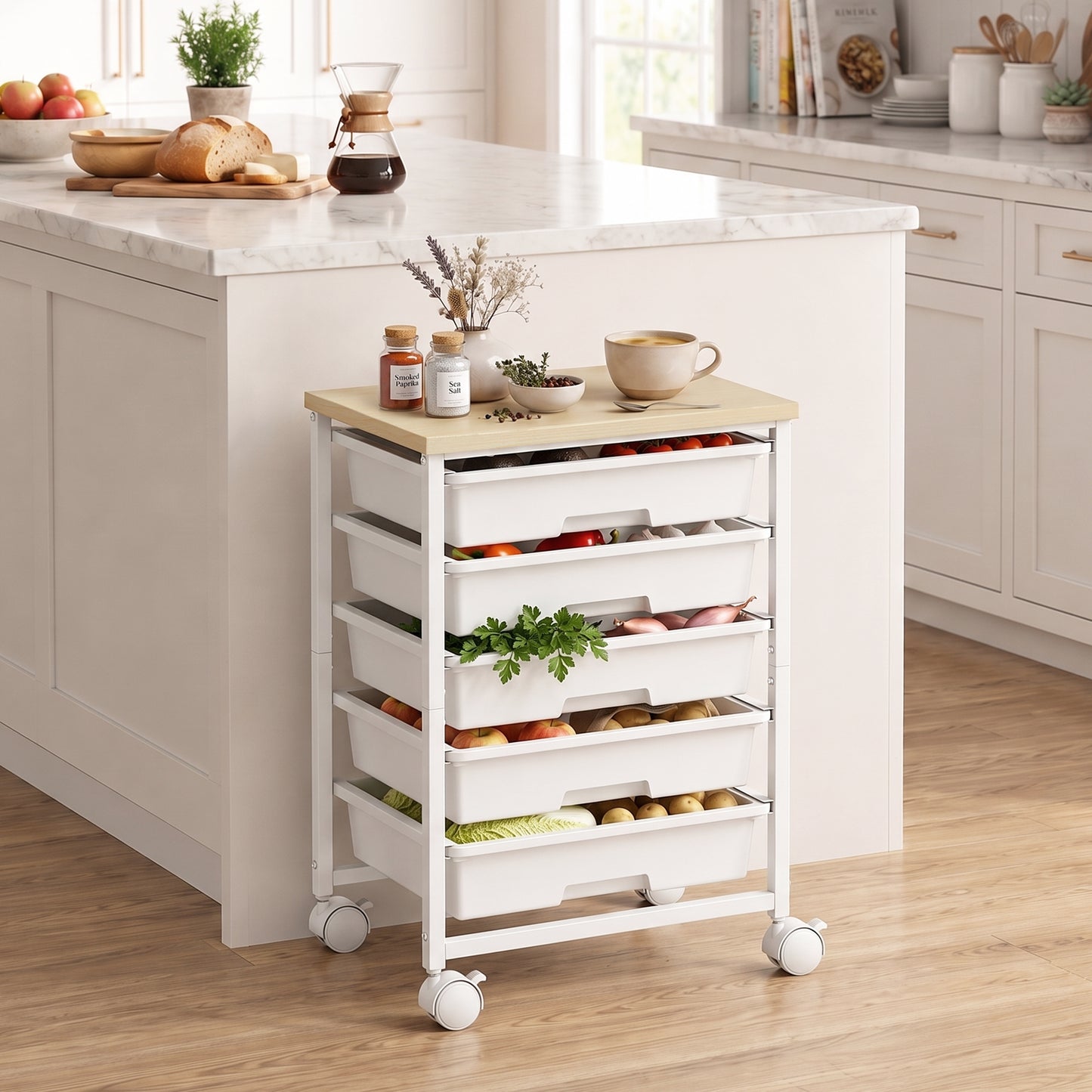 6-Tier Storage Trolley on Wheels, Metal Kitchen Rolling Cart with 5 Pull-Out Drawers, White