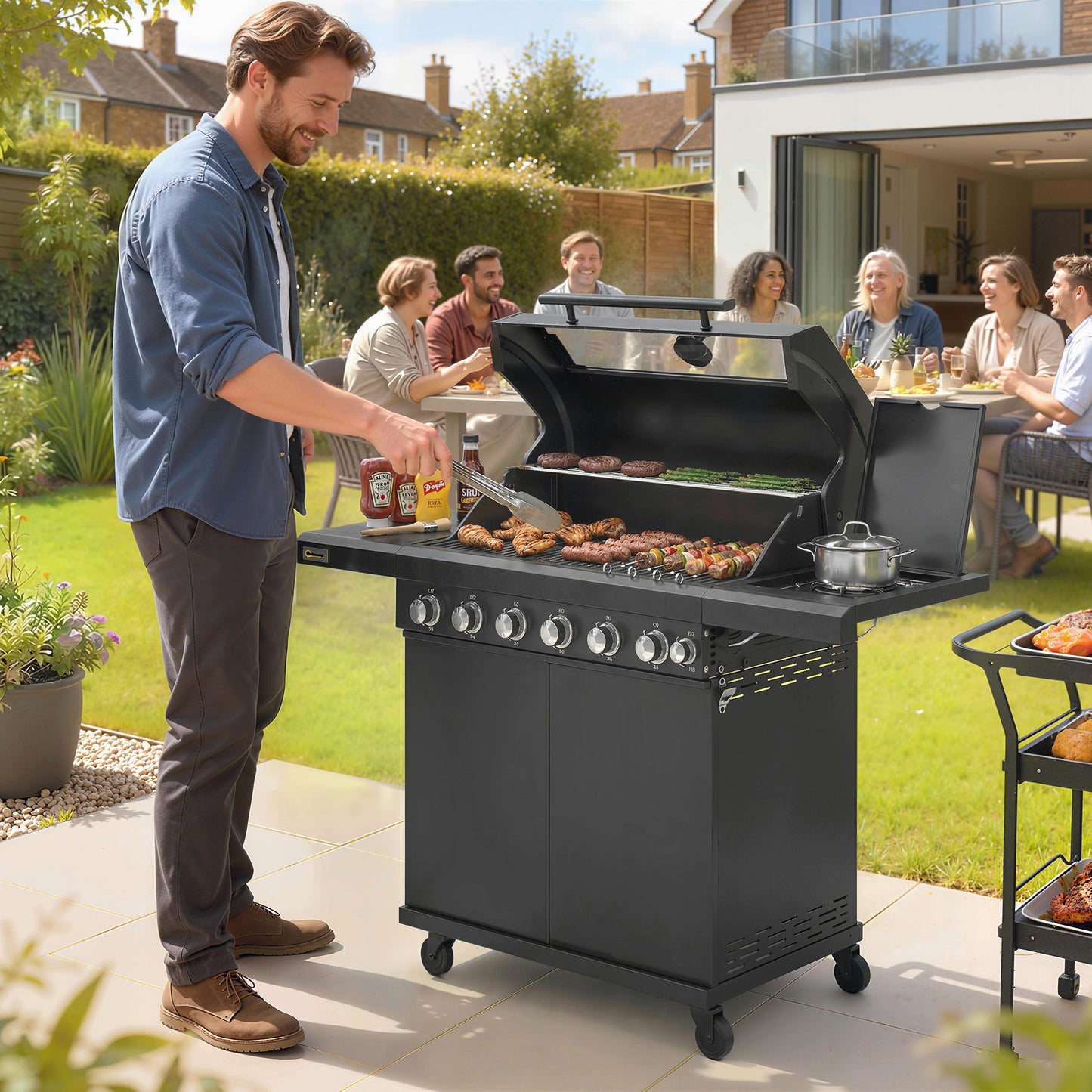 6+1 Burner Gas BBQ Grill, Outdoor Barbecue Trolley with Wheels, Warming Rack, Thermometer, Bottle Opener, Black