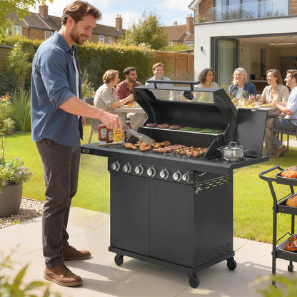 6+1 Burner Gas BBQ Grill, Outdoor Barbecue Trolley with Wheels, Warming Rack, Thermometer, Bottle Opener, Black