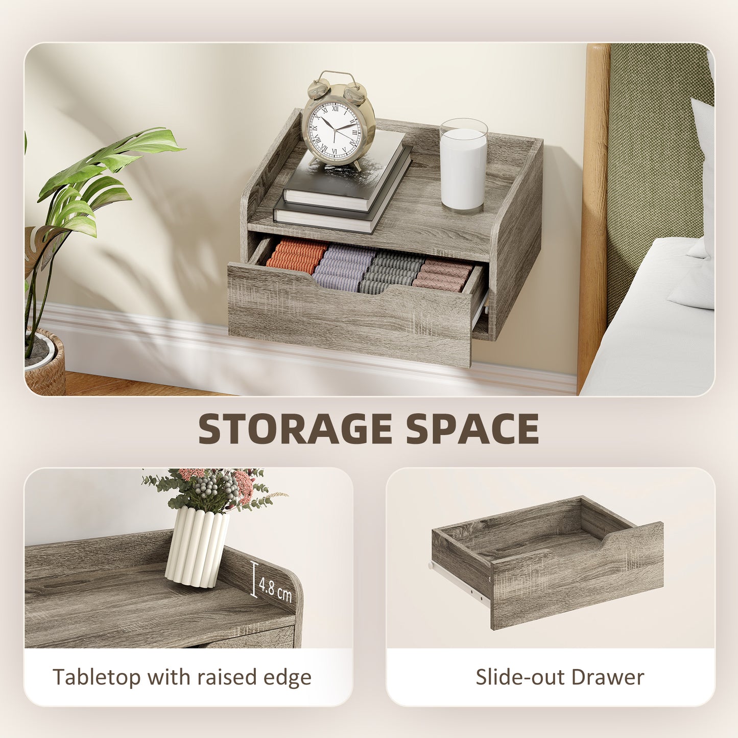 Floating Nightstands Set of 2, Wall Mounted Bedside Table with Drawer for Bedroom, Grey Wood Effect