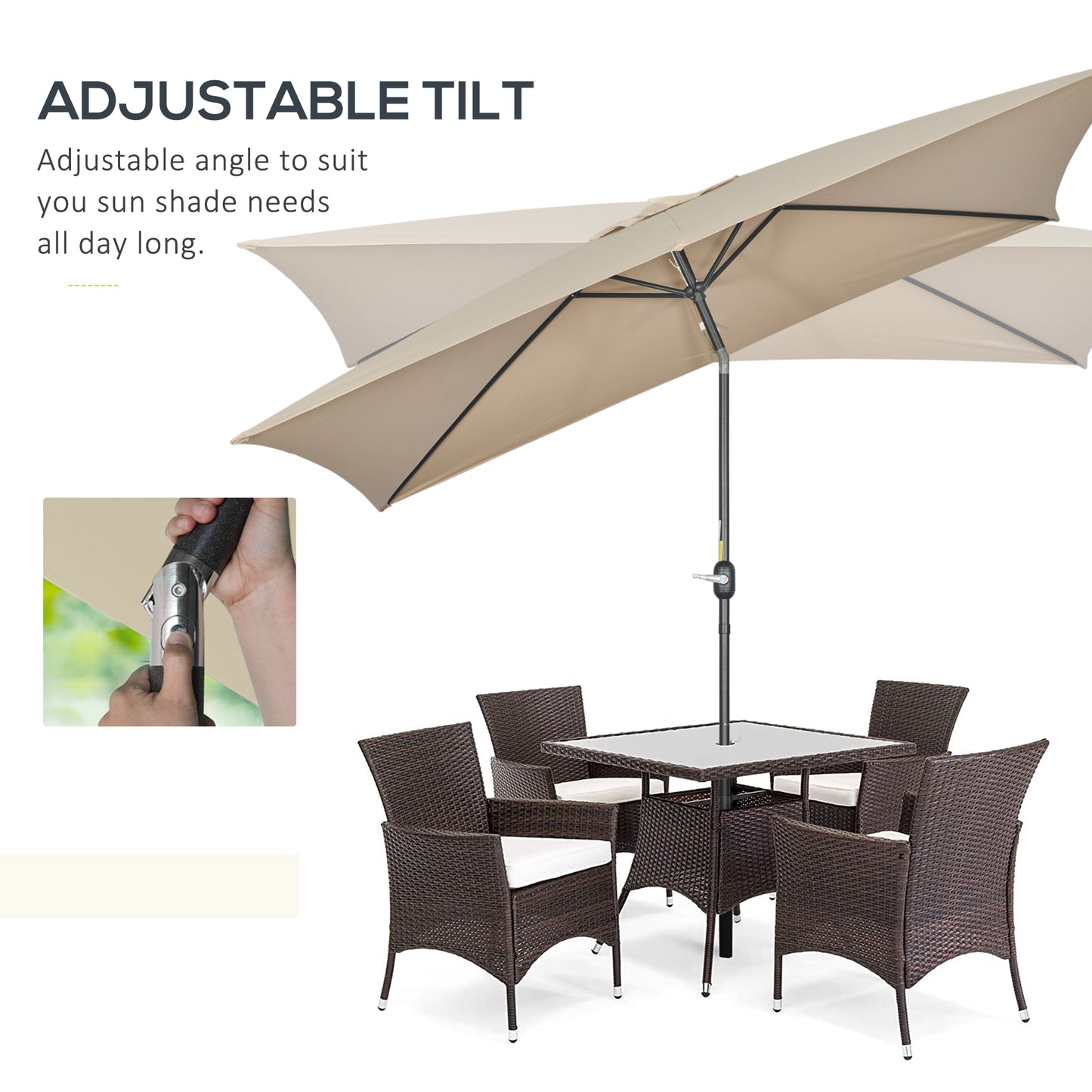 3x2m Garden Parasol Umbrella with Aluminium Pole, Tilt and Crank, Rectangular Outdoor Table Parasol Sun Shade for Patio