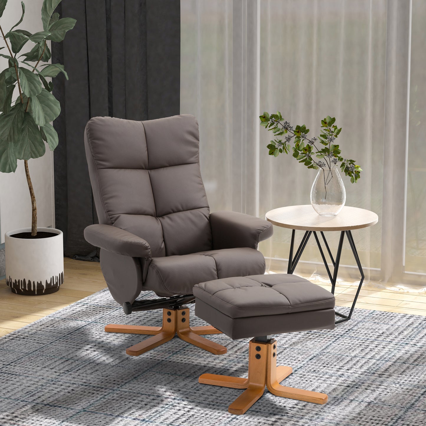 PU Leather Swivel Recliner Chair with Footstool, Wooden Base and Storage for Living Room, Brown