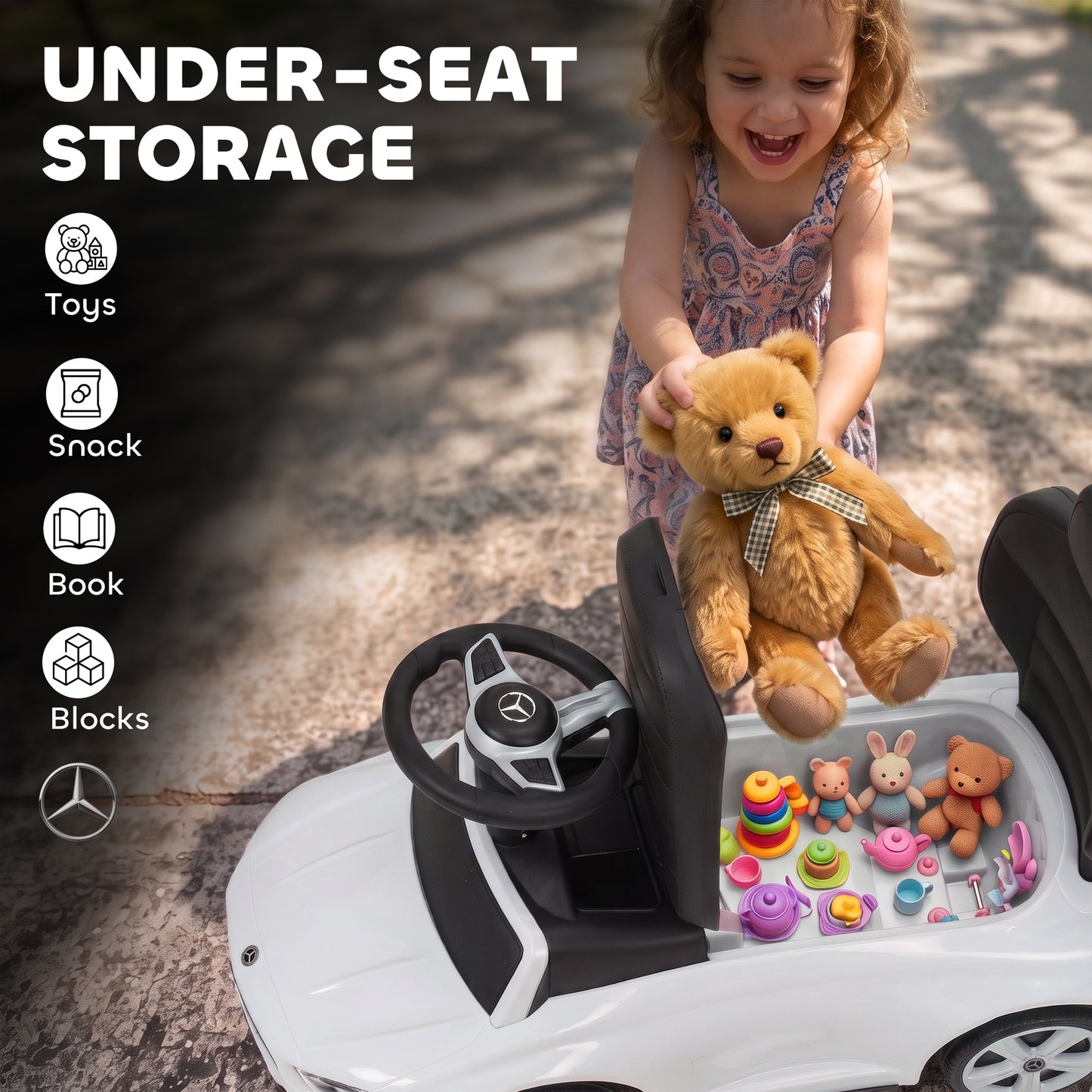 3 in 1 Licensed Benz Ride on Push Car with Handle, Canopy, Guardrails, Horn, Music, Storage for 12-36 Months, White