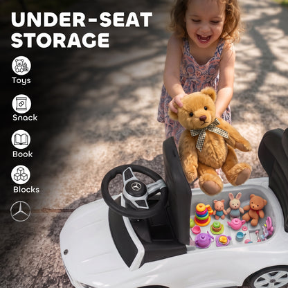 3 in 1 Licensed Benz Ride on Push Car with Handle, Canopy, Guardrails, Horn, Music, Storage for 12-36 Months, White