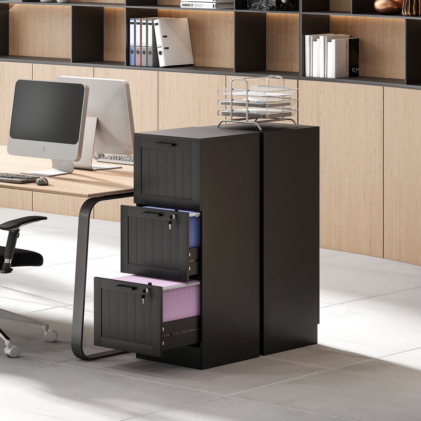 3 Drawer Filing Cabinet with Lock, Office Storage Cabinet with Adjustable Hanging Bars for A4 Letter Size Files, Black