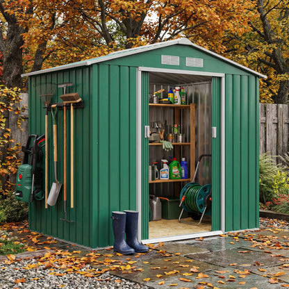 7 x 4ft Metal Garden Shed, Outdoor Storage Tool House with Ventilation Slots, Foundation Kit and Lockable Double Doors, Green