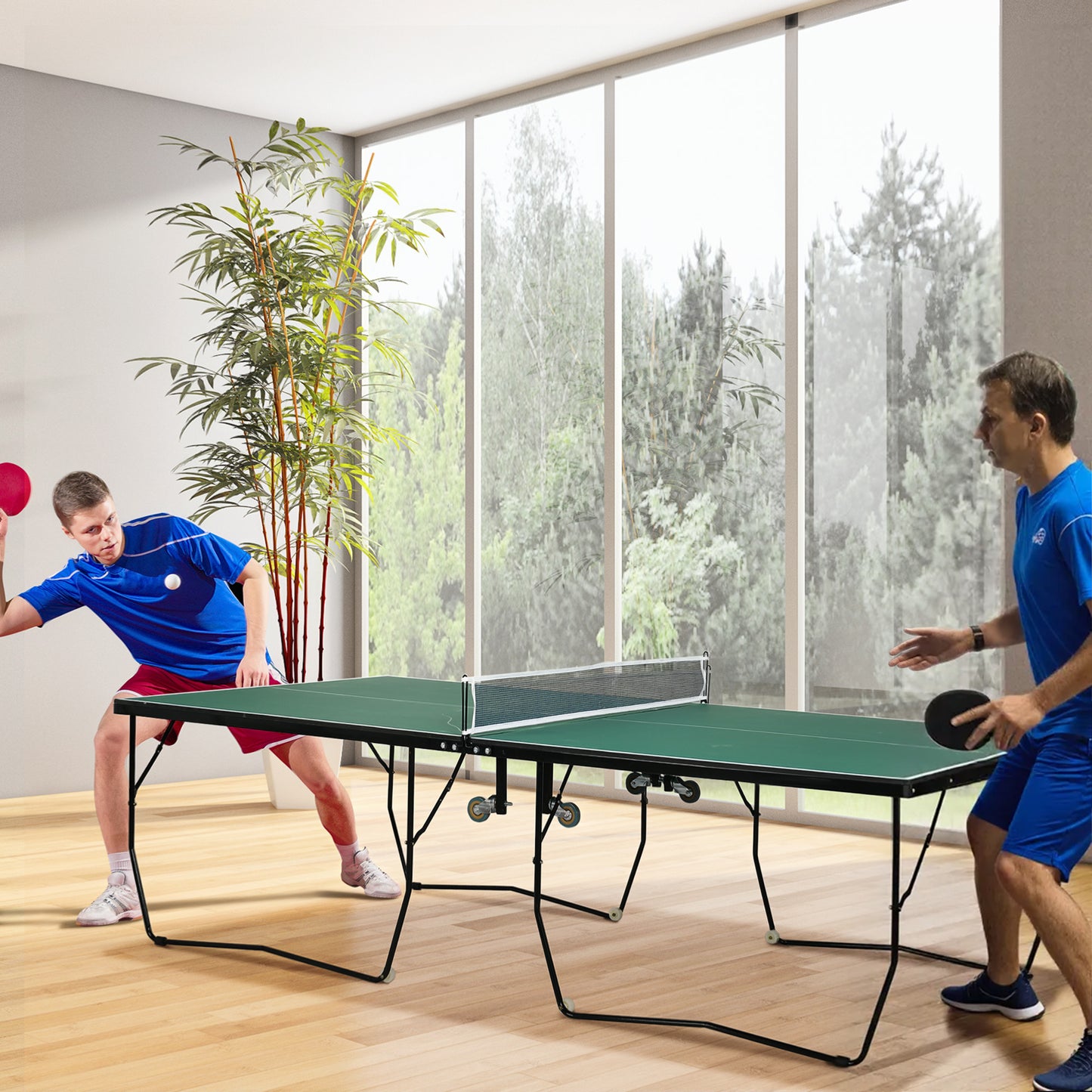 9FT Folding Tennis Table, with 8 Wheels, for Indoor Use, Green