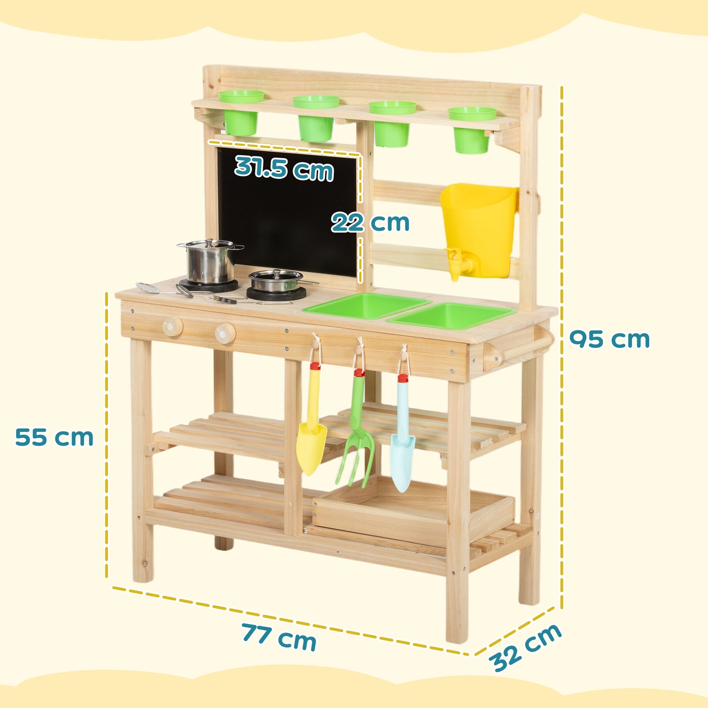 Kids Mud Kitchen, Outdoor Wooden Play Kitchen with Kitchenware & Garden Tools, Pretend Play Outdoor Toys, Natural