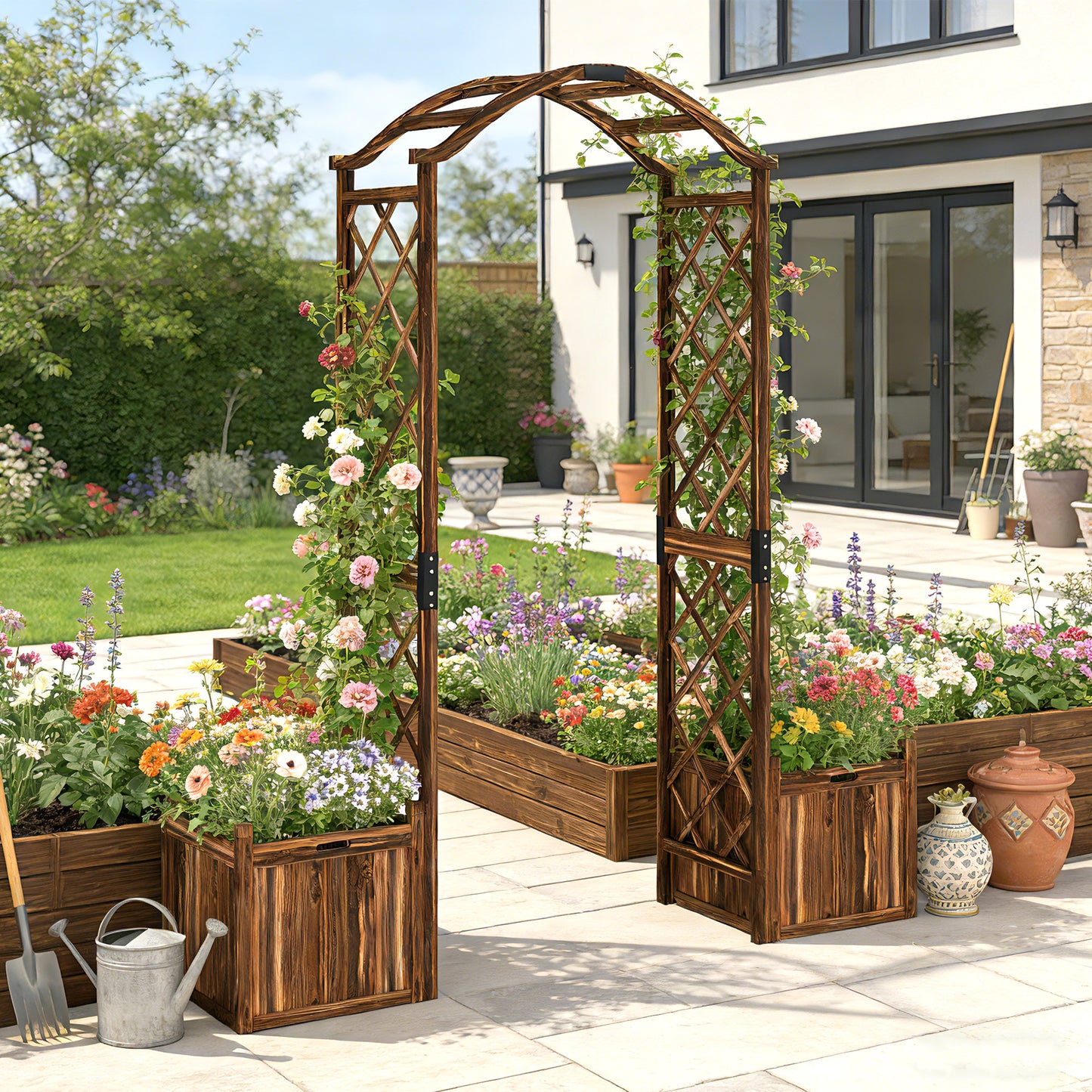 Wooden Garden Arch with 2 Planter Boxes, Outdoor Rose Arch Trellis for Climbing Vines, Carbonised