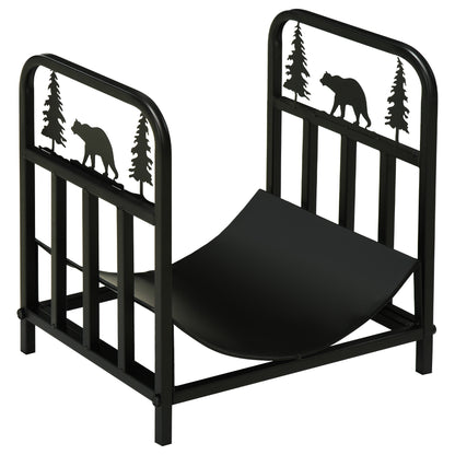 Metal Firewood Log Holder Indoor Outdoor Firewood Rack Inner Arced Fireplace Wood Storage Shelf w/ Bear Shape Design