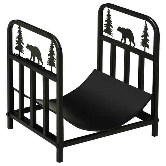 Metal Firewood Log Holder Indoor Outdoor Firewood Rack Inner Arced Fireplace Wood Storage Shelf w/ Bear Shape Design