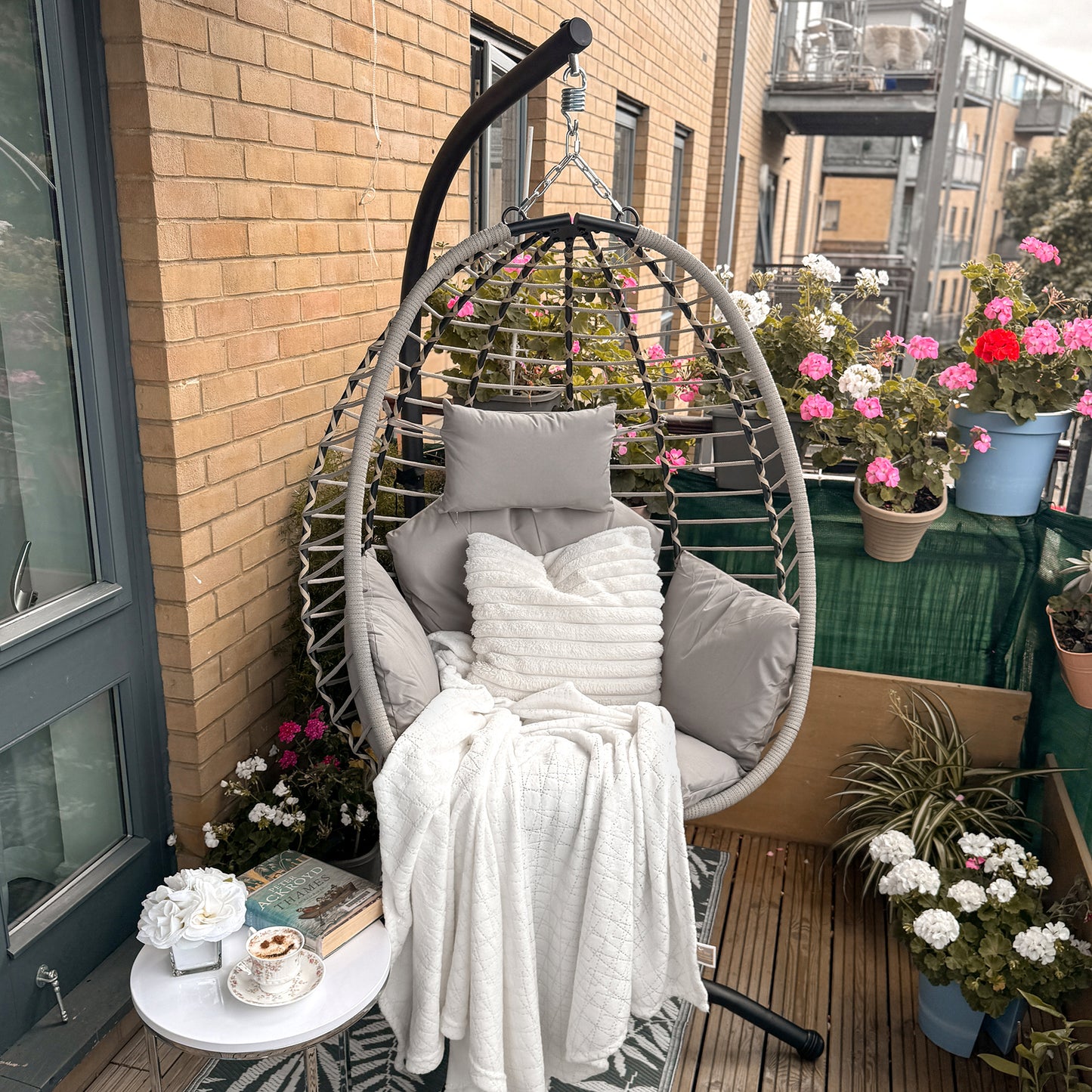 Single Rattan Hanging Egg Chair, with Seat Cushion - Grey