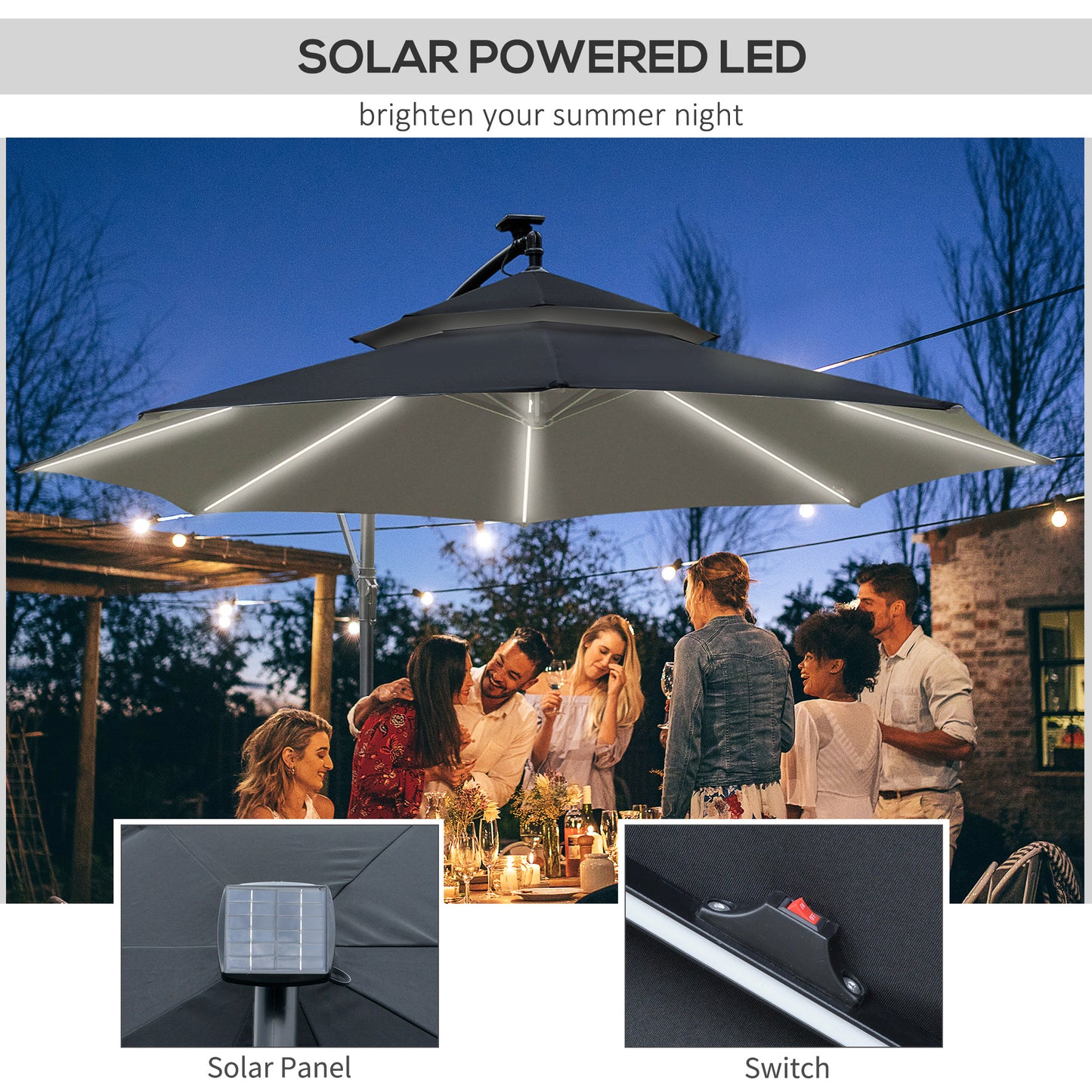 3(m) Cantilever Banana Parasol Hanging Umbrella with LED Solar lights, Crank, 8 Sturdy Ribs and Cross Base for Outdoor