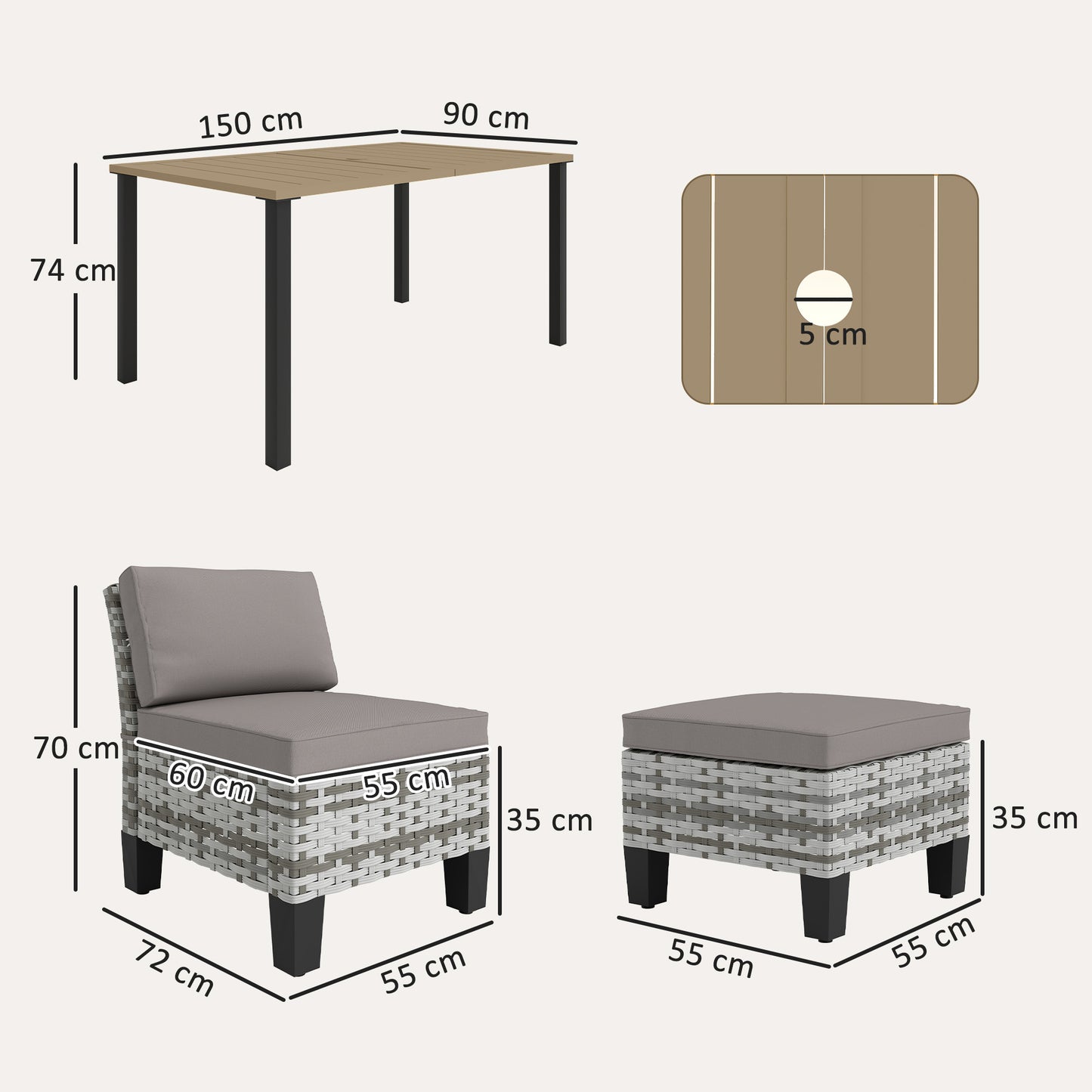 Seven-Piece Rattan Dining Set - Grey