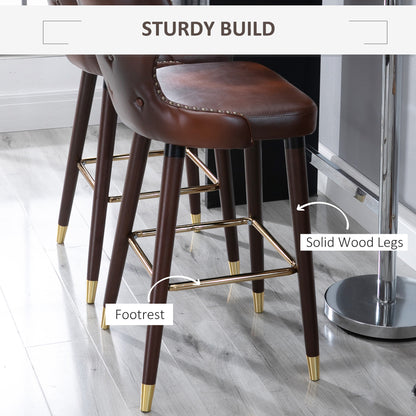 Bar Stools Set of 2, PU Leather Barstools with Back, Footrest and Wood Legs for Kitchen, Counter, Breakfast Bar, Brown
