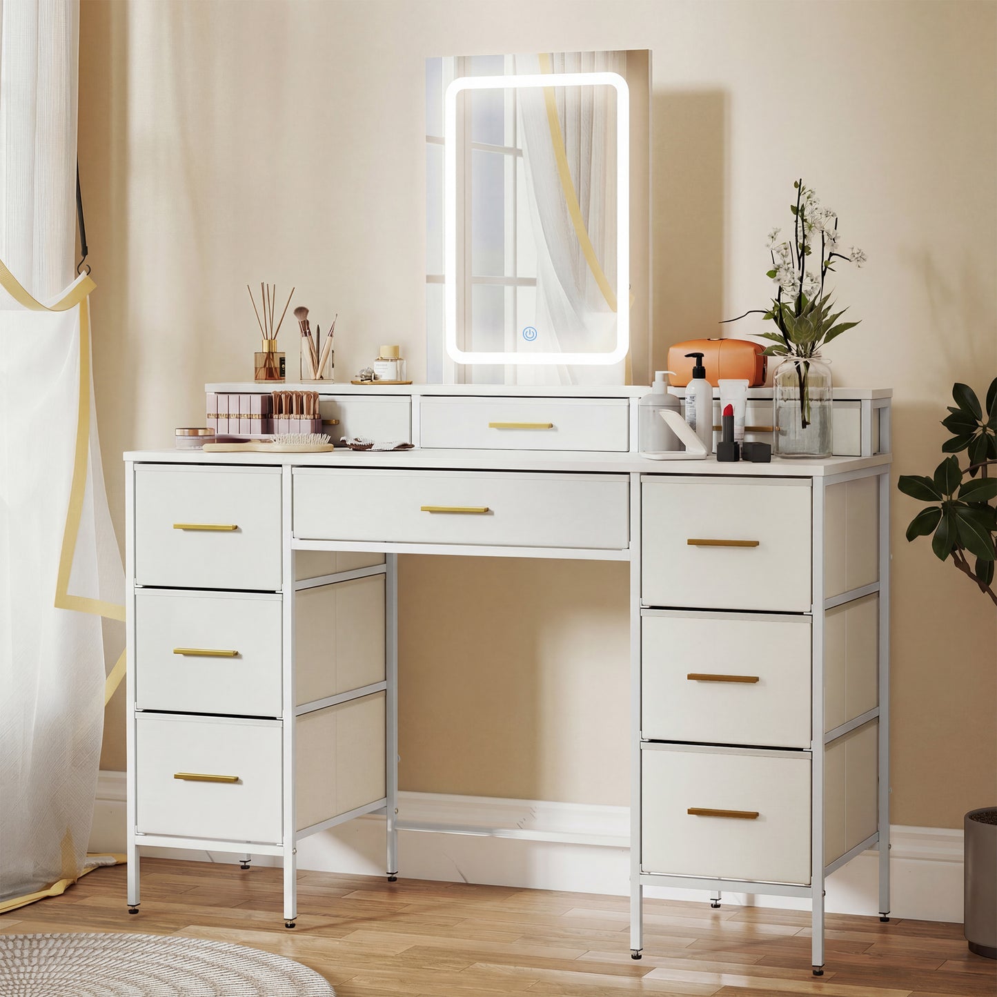 Multi-Storage Elegant Dressing Table, with LED Mirror - White