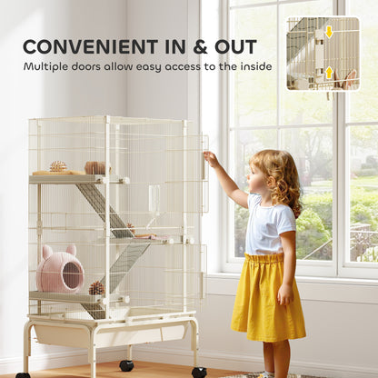 4-Level Rolling Small Animal Cage, Rabbit Cage with 3 Ramps, Water Bottle, Food Dish, 15cm Deep Tray, Beige