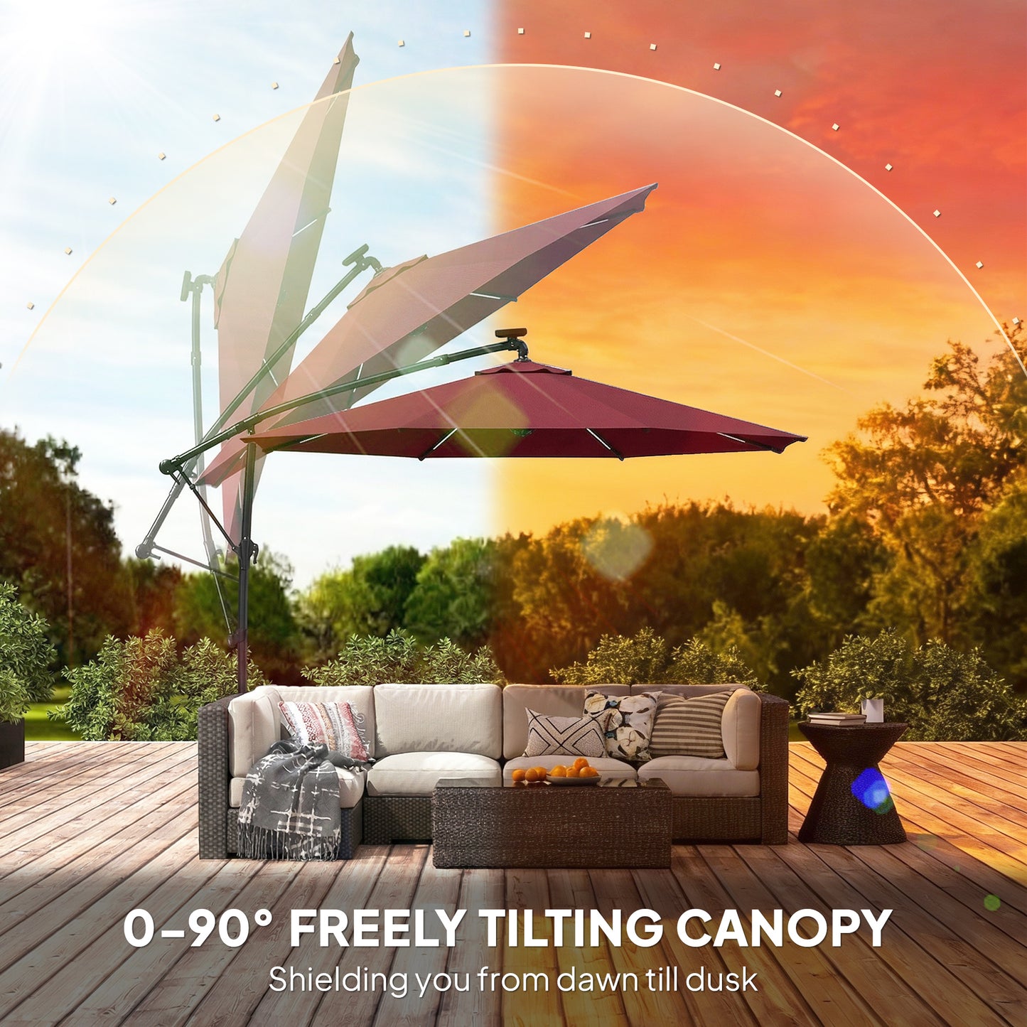 3 m Garden Cantilever Parasol with LED Solar Light, Round Overhanging Umbrella with 360° Rotation, Cover, Wine Red