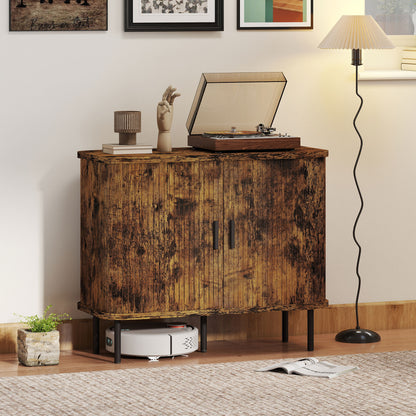Mid-Century Modern Sideboard Storage Cabinet with Slatted Tambour Sliding Doors, Kitchen Cabinet with Steel Legs