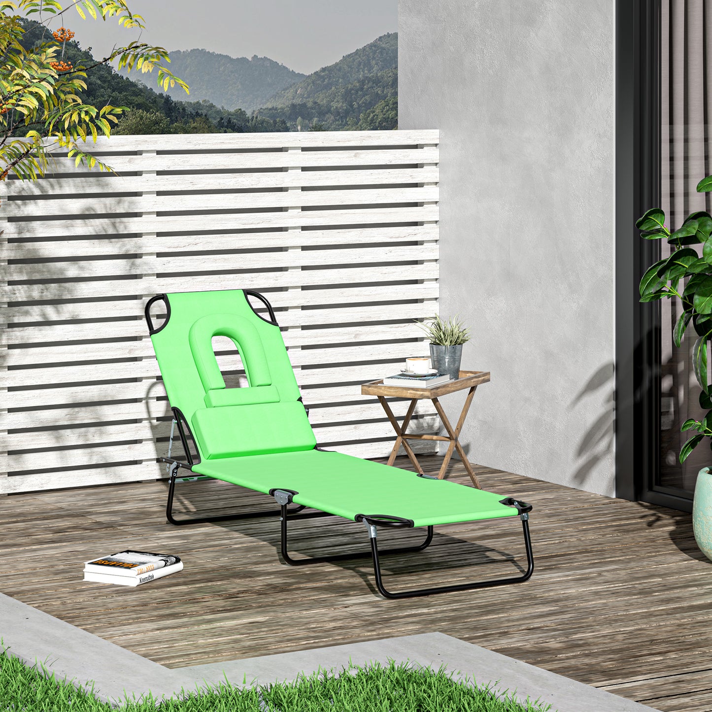 Folding Sun Lounger with Face Hole, 4-Position Adjustable Backrest Garden Recliner Chair Sunbed, Outdoor Lounge Chair