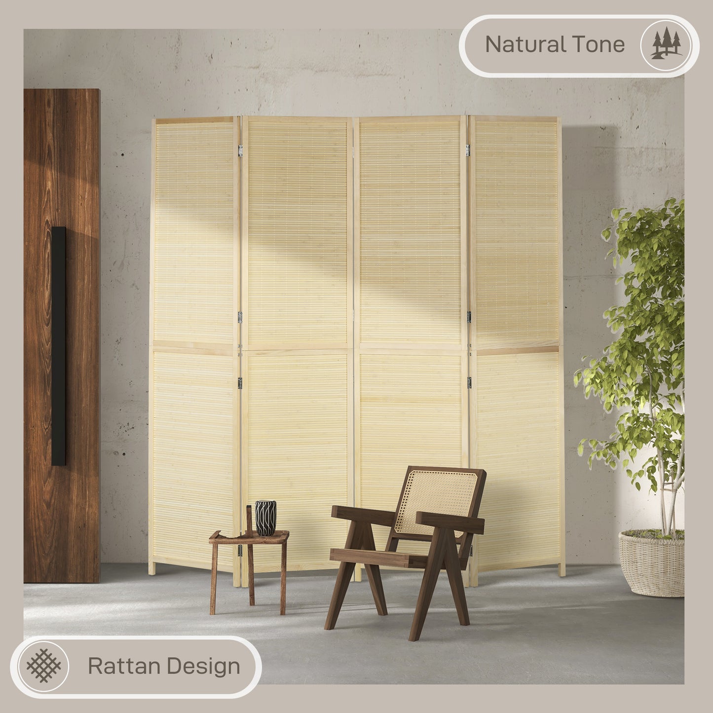 Room Divider, Freestanding Privacy Screen, 4 Panel Folding, 180 x 180cm, Natural