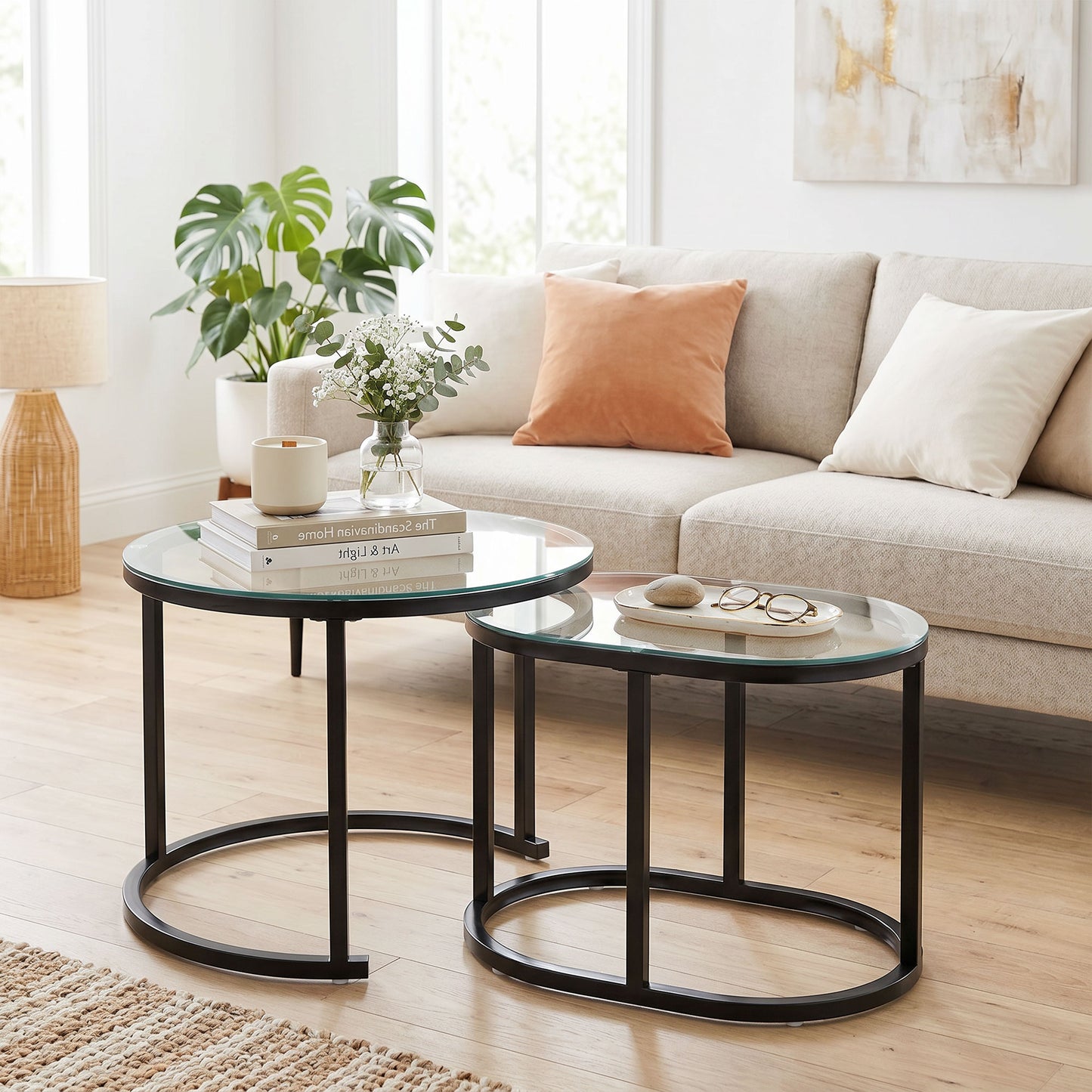 Nest of Tables with Steel Frame and Tempered Glass Tabletop, Modern Coffee Table Set of 2, Black