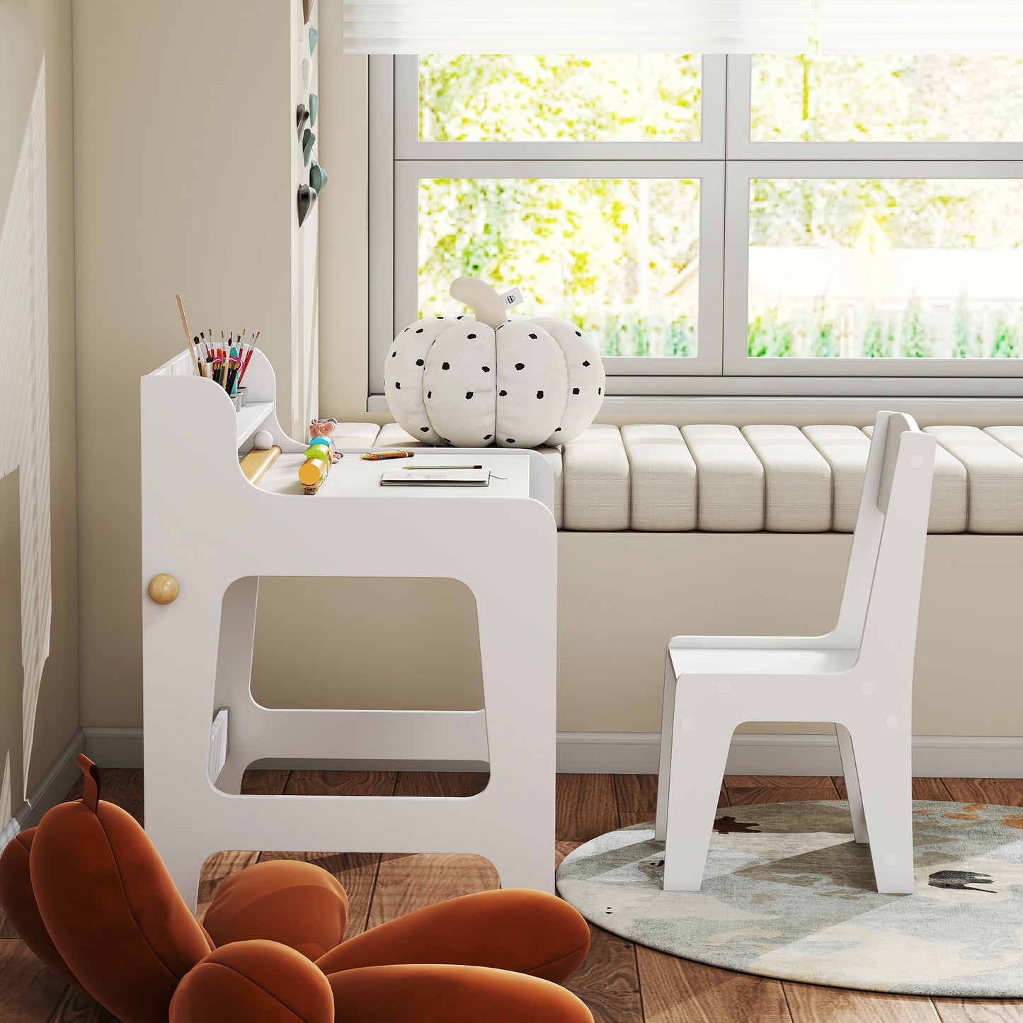 Art Table and Chair Set for children, Kids Art Desk and Chair Set with Storage Shelf and Drawers
