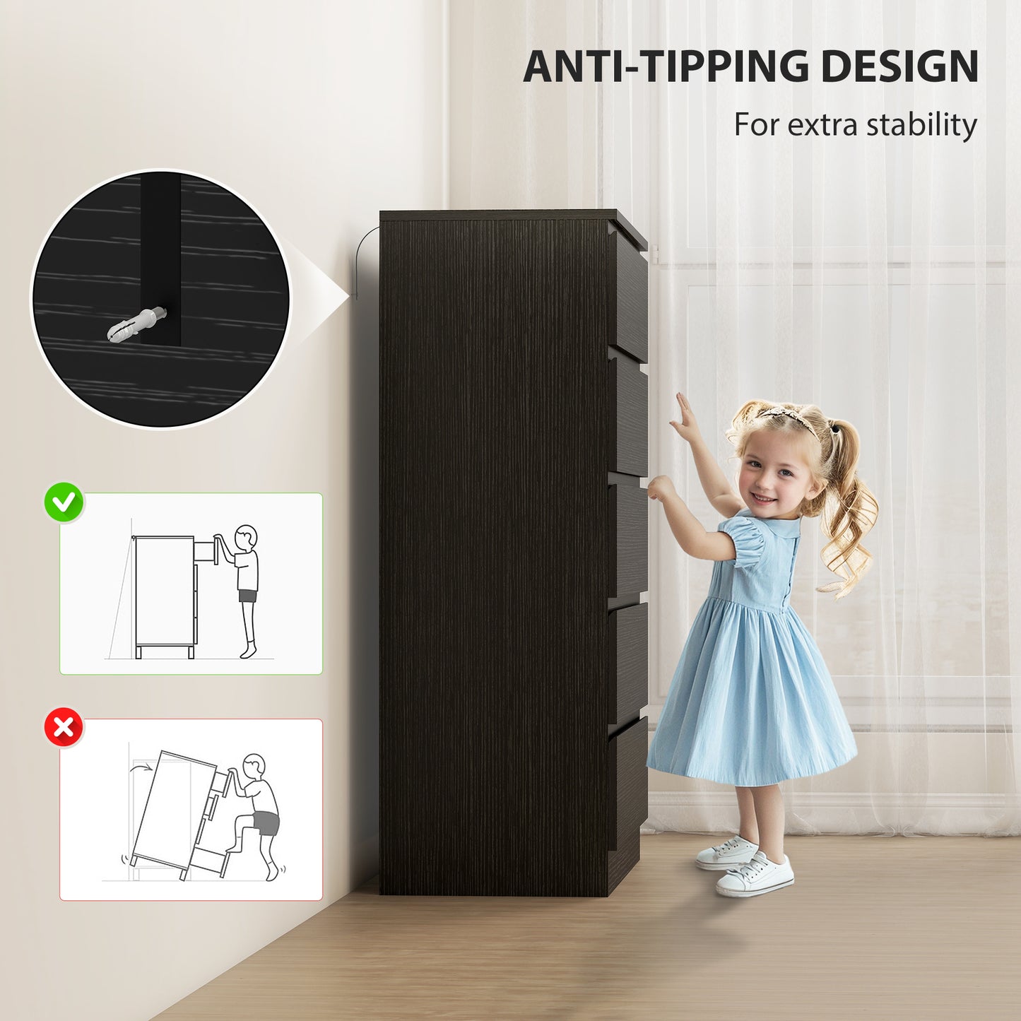 Chest of Drawers, 5 Drawer Dresser, Modern Storage Cabinet with 5 Drawers, for Bedroom, Living Room, Black